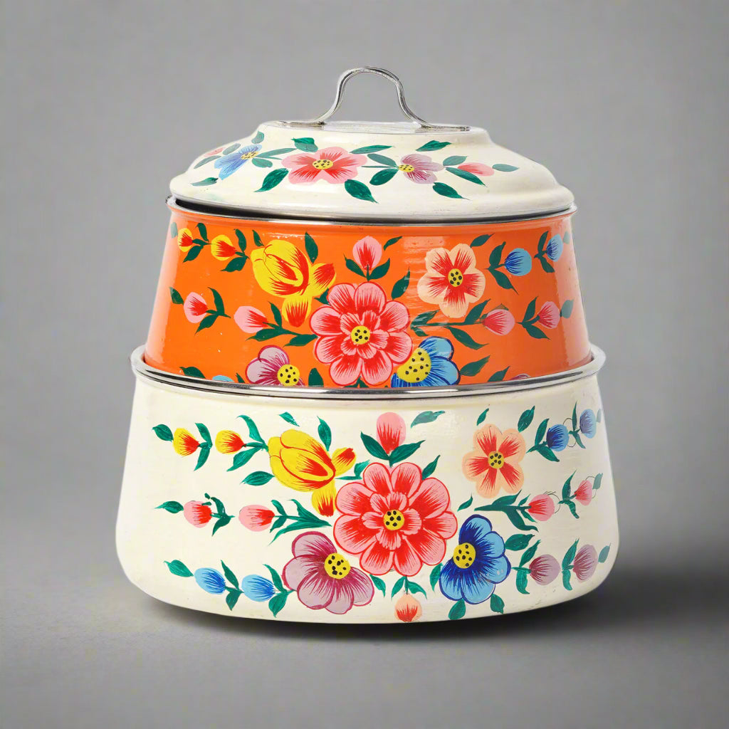 Hand-Painted 2-Tier Stainless Steel Lunch Box – dual color Floral Design Eco-Friendly & Artistic Food Carrier